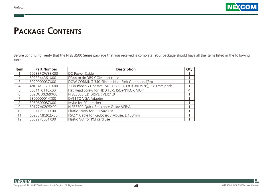 Ackage, Ontents | NEXCOM NISE 3500 User Manual | Page 12 / 120