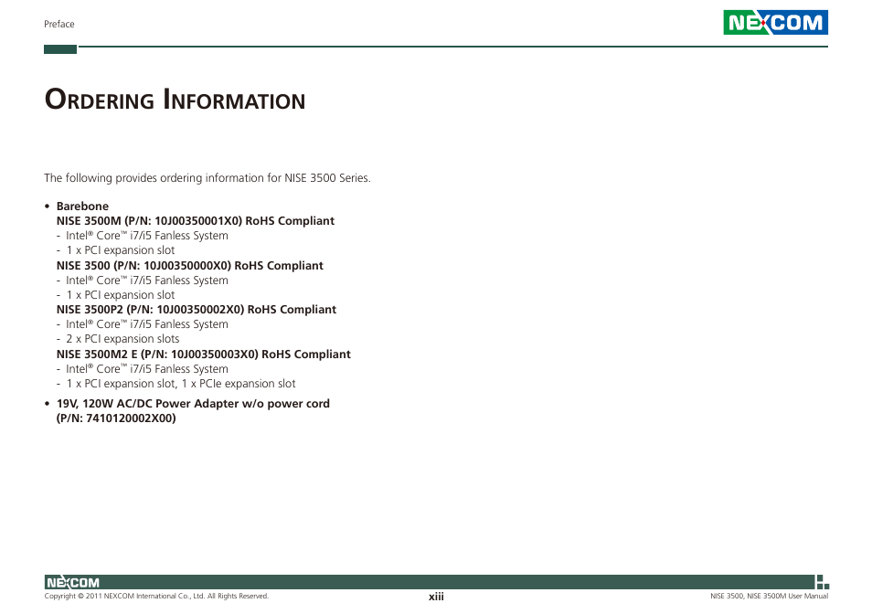 Rdering, Nformation | NEXCOM NISE 3500 User Manual | Page 13 / 120