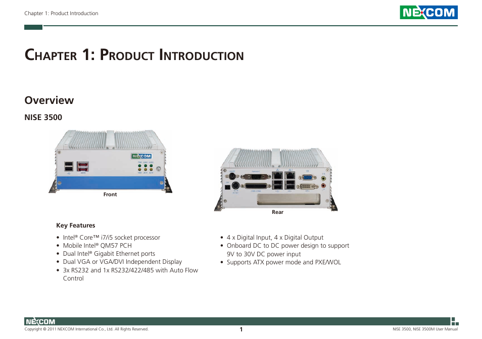Hapter, Roduct, Ntroduction | Overview | NEXCOM NISE 3500 User Manual | Page 14 / 120