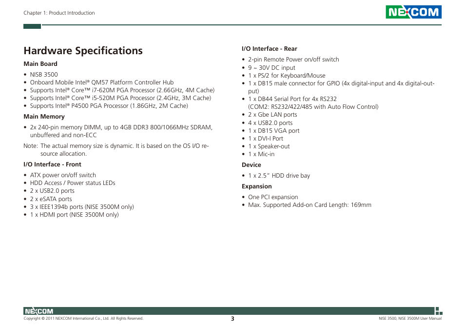 Hardware specifications | NEXCOM NISE 3500 User Manual | Page 16 / 120