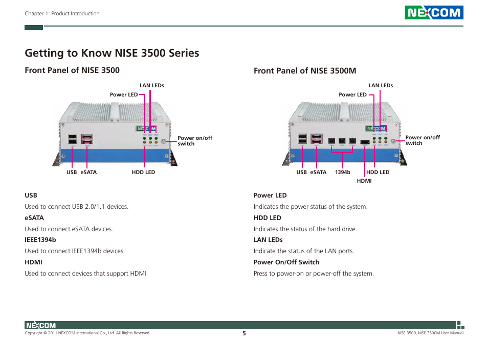 Getting to know nise 3500 series, Front panel of nise 3500, Front panel of nise 3500m | NEXCOM NISE 3500 User Manual | Page 18 / 120