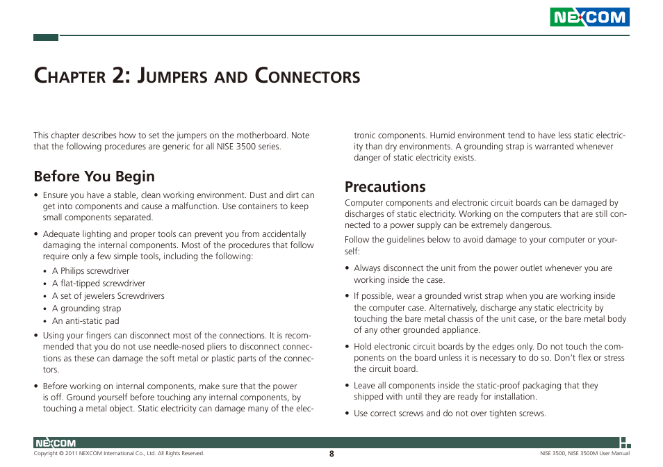 Hapter, Umpers, Onnectors | Before you begin, Precautions | NEXCOM NISE 3500 User Manual | Page 21 / 120