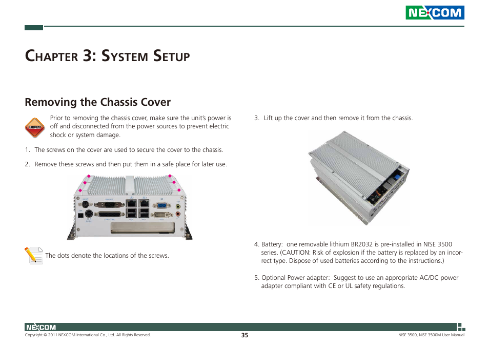 Hapter, Ystem, Etup | Removing the chassis cover | NEXCOM NISE 3500 User Manual | Page 48 / 120