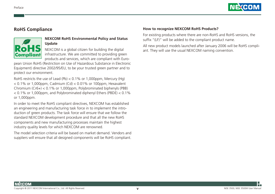 Rohs compliance | NEXCOM NISE 3500 User Manual | Page 5 / 120