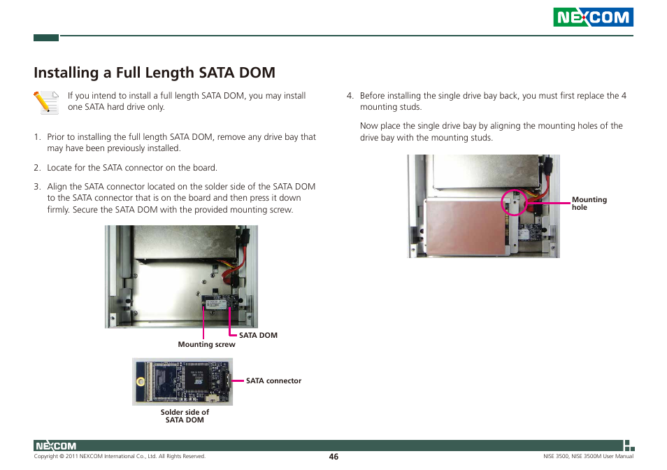 Installing a full length sata dom | NEXCOM NISE 3500 User Manual | Page 59 / 120