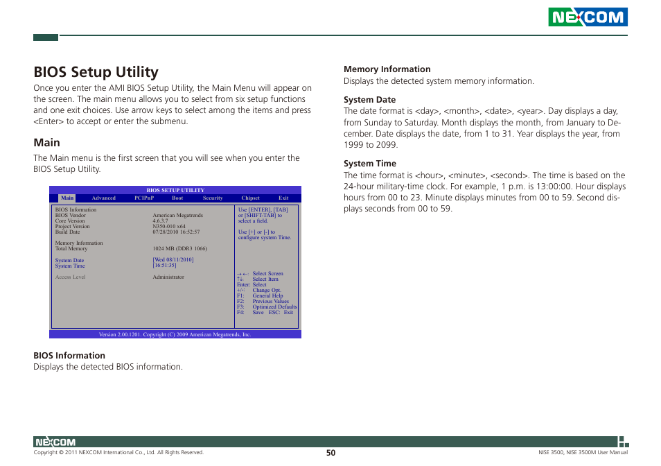 Bios setup utility, Main | NEXCOM NISE 3500 User Manual | Page 64 / 120