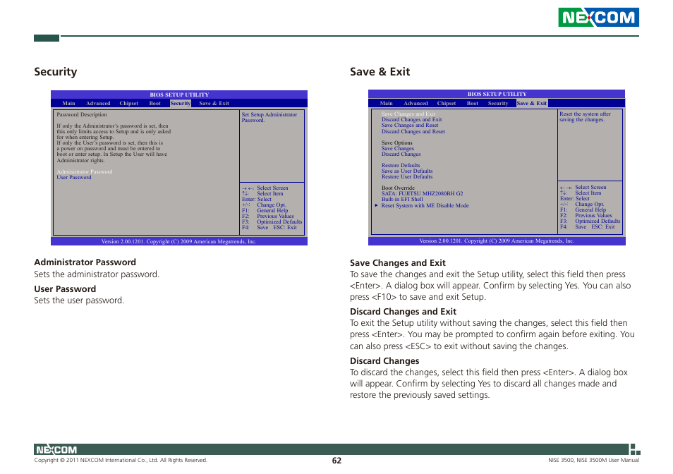 Security, Save & exit | NEXCOM NISE 3500 User Manual | Page 76 / 120