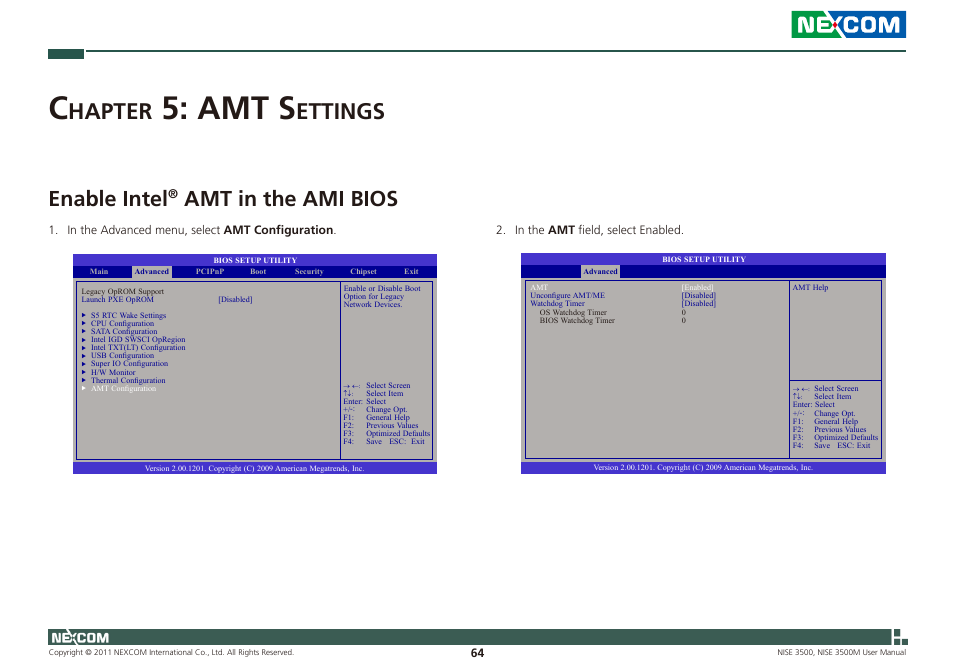 Amt s, Hapter, Ettings | Enable intel, Amt in the ami bios | NEXCOM NISE 3500 User Manual | Page 77 / 120