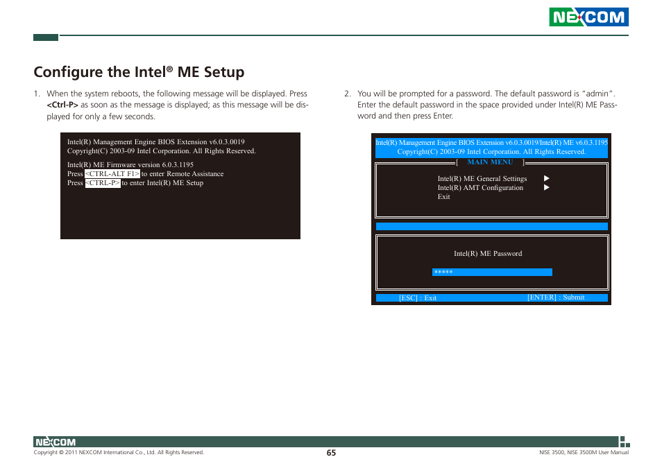 Configure the intel, Me setup | NEXCOM NISE 3500 User Manual | Page 78 / 120