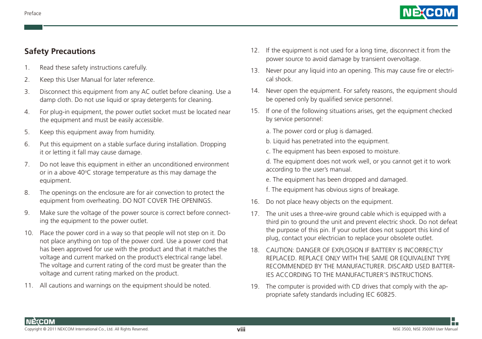 Safety precautions | NEXCOM NISE 3500 User Manual | Page 8 / 120