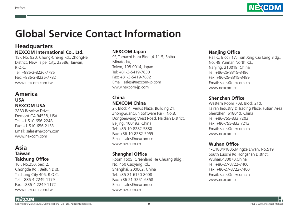 Global service contact information, Headquarters, America | Asia | NEXCOM NISE 3520 User Manual | Page 10 / 125