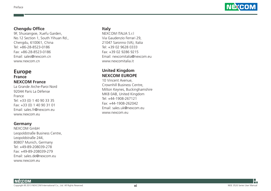 Europe | NEXCOM NISE 3520 User Manual | Page 11 / 125