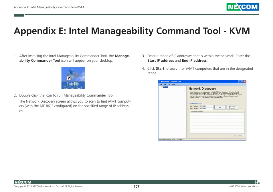 Appendix e: intel manageability command tool - kvm | NEXCOM NISE 3520 User Manual | Page 120 / 125