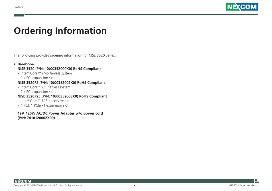 Ordering information | NEXCOM NISE 3520 User Manual | Page 13 / 125