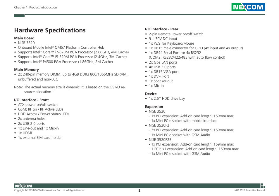 Hardware specifications | NEXCOM NISE 3520 User Manual | Page 15 / 125