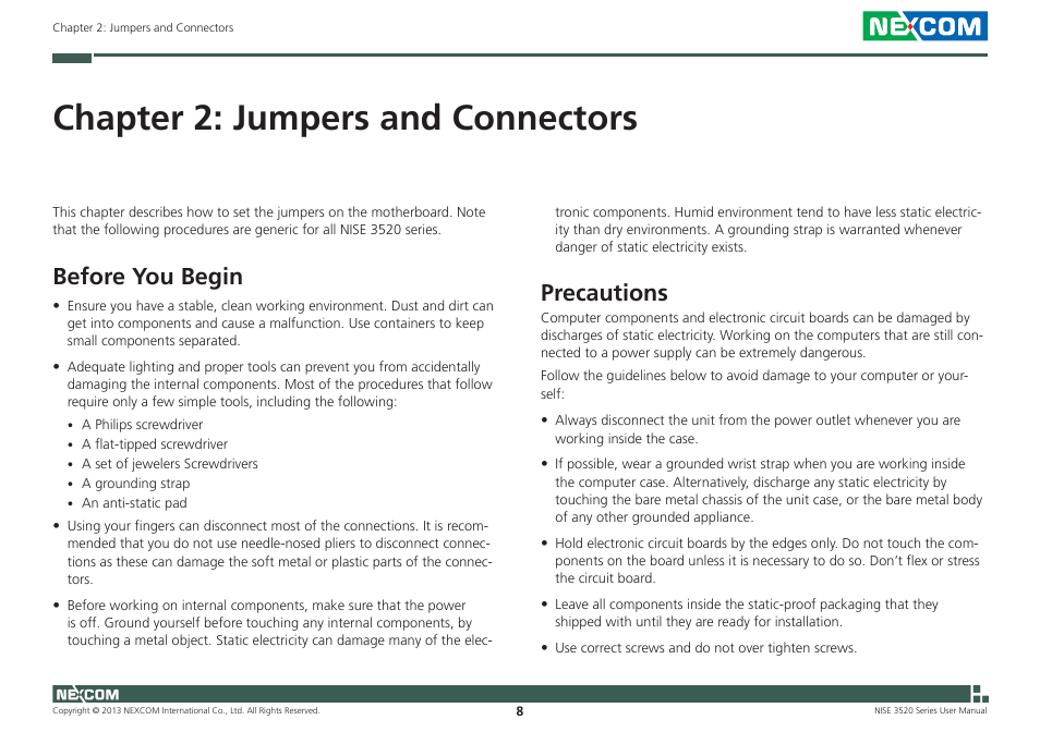 Chapter 2: jumpers and connectors, Before you begin, Precautions | NEXCOM NISE 3520 User Manual | Page 21 / 125