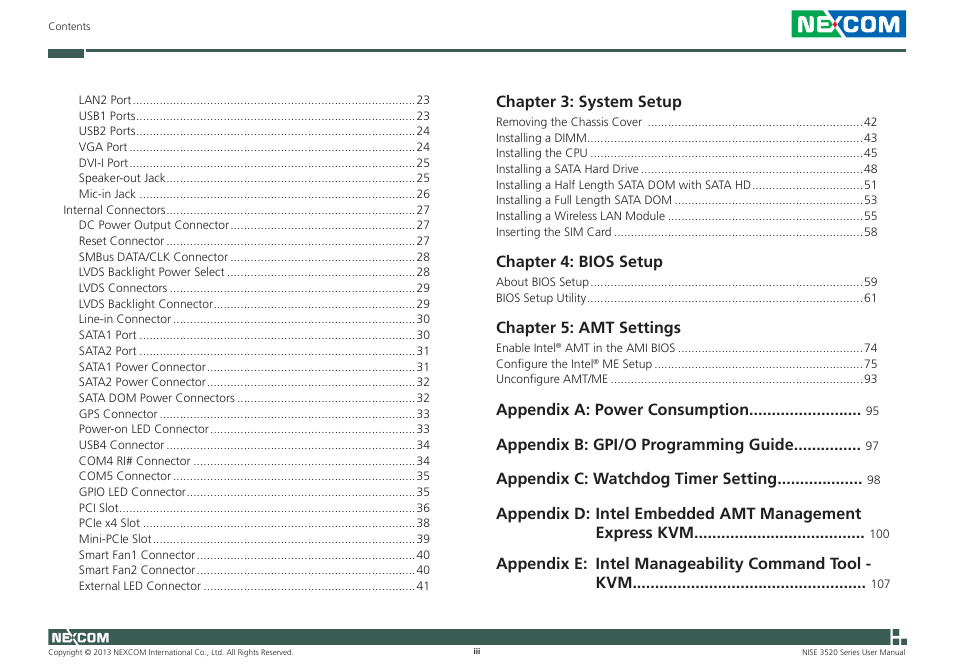 Chapter 3: system setup, Chapter 4: bios setup, Chapter 5: amt settings | Appendix a: power consumption, Appendix b: gpi/o programming guide, Appendix c: watchdog timer setting, Appendix e: intel manageability command tool - kvm | NEXCOM NISE 3520 User Manual | Page 3 / 125