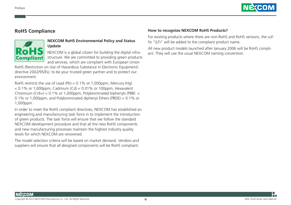 Rohs compliance | NEXCOM NISE 3520 User Manual | Page 5 / 125