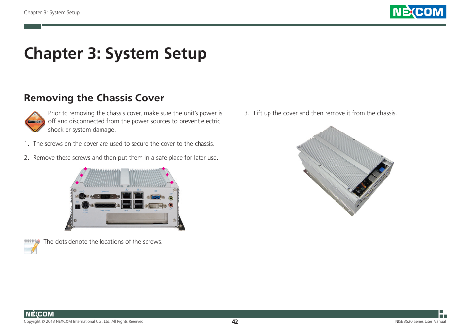 Chapter 3: system setup, Removing the chassis cover | NEXCOM NISE 3520 User Manual | Page 55 / 125