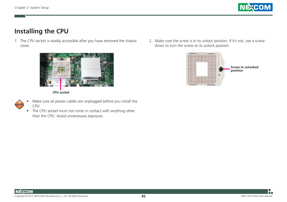 Installing the cpu | NEXCOM NISE 3520 User Manual | Page 58 / 125