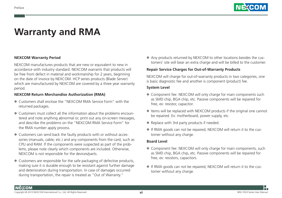 Warranty and rma | NEXCOM NISE 3520 User Manual | Page 6 / 125