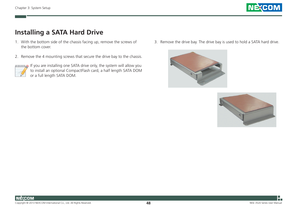 Installing a sata hard drive | NEXCOM NISE 3520 User Manual | Page 61 / 125