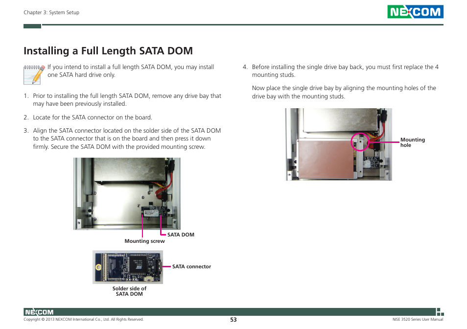 Installing a full length sata dom | NEXCOM NISE 3520 User Manual | Page 66 / 125