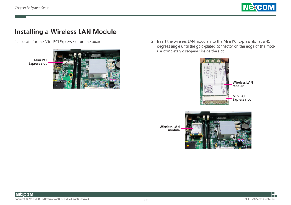 Installing a wireless lan module | NEXCOM NISE 3520 User Manual | Page 68 / 125