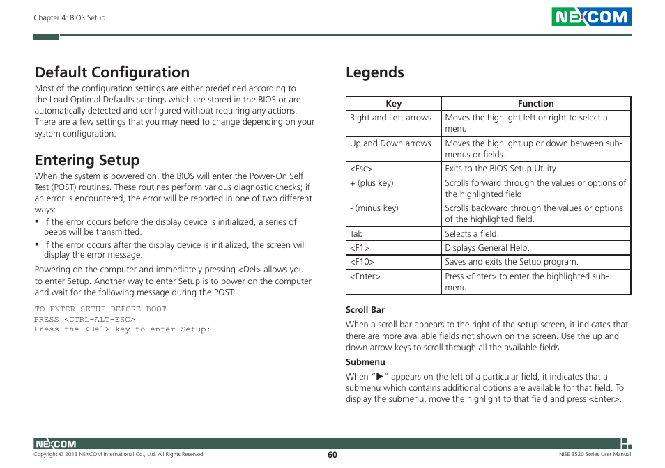 Default configuration, Entering setup, Legends | NEXCOM NISE 3520 User Manual | Page 73 / 125