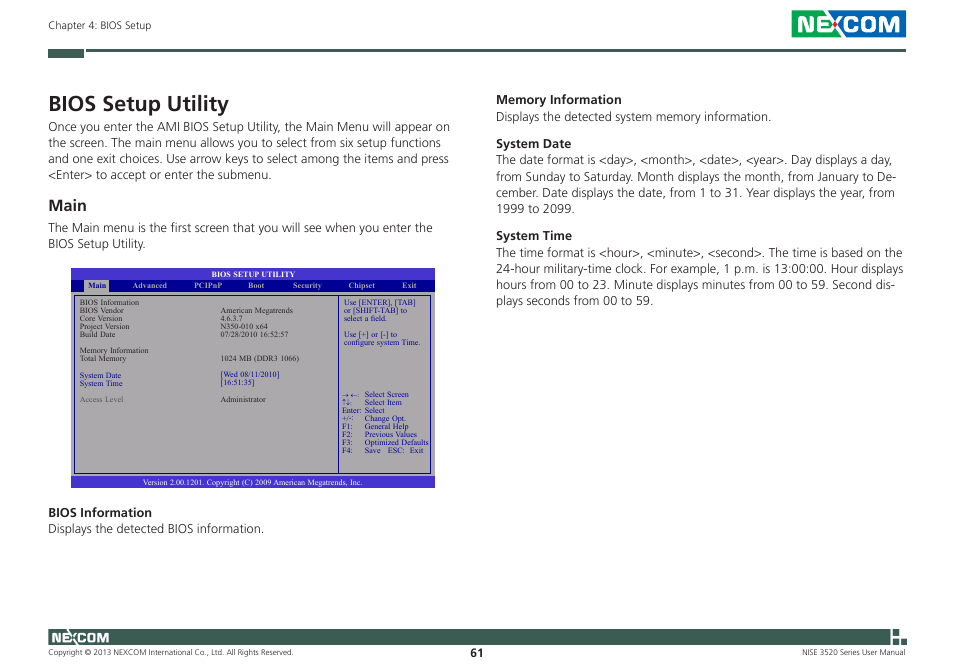 Bios setup utility, Main | NEXCOM NISE 3520 User Manual | Page 74 / 125