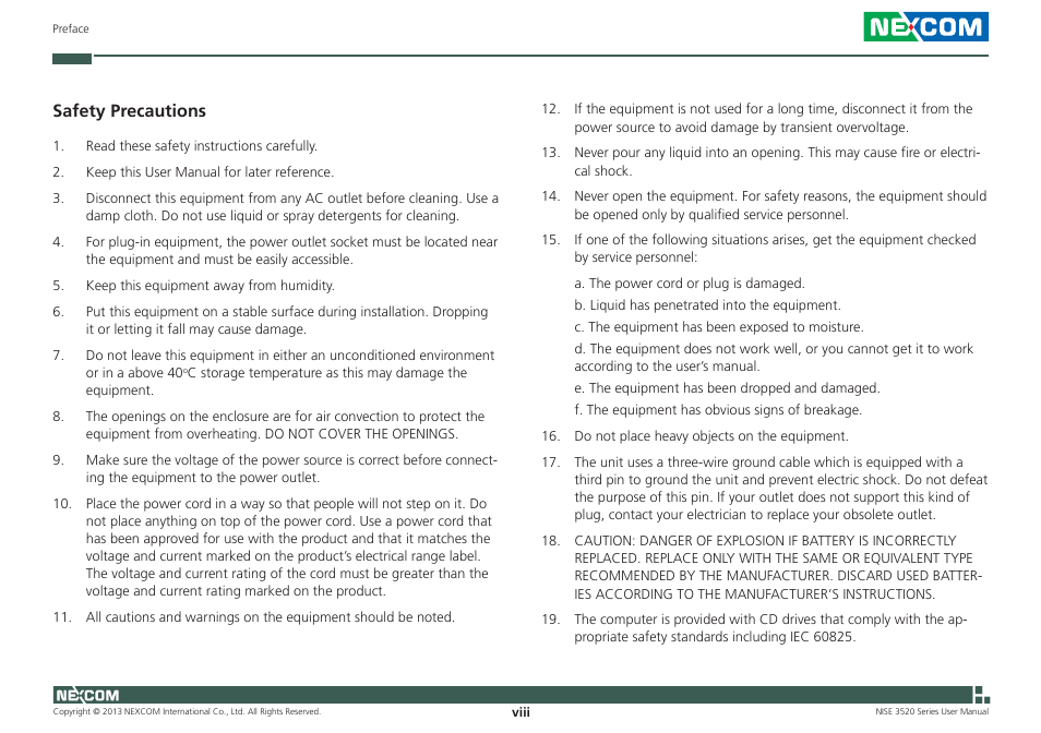 Safety precautions | NEXCOM NISE 3520 User Manual | Page 8 / 125