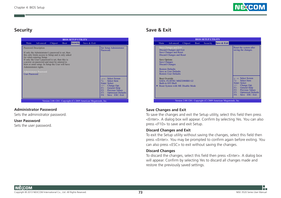 Security, Save & exit | NEXCOM NISE 3520 User Manual | Page 86 / 125