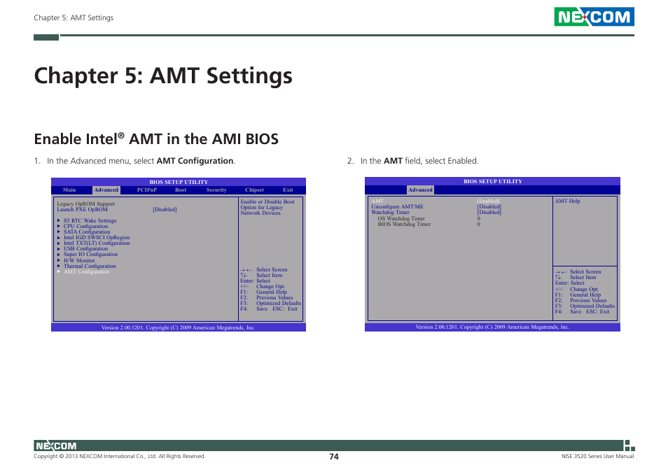 Chapter 5: amt settings, Enable intel, Amt in the ami bios | NEXCOM NISE 3520 User Manual | Page 87 / 125