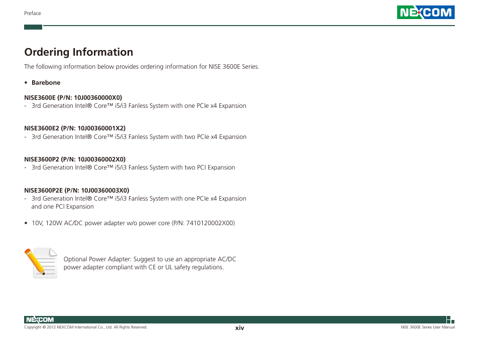 Ordering information | NEXCOM NISE 3600E User Manual | Page 14 / 102