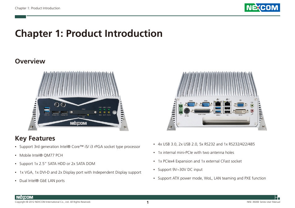 Chapter 1: product introduction, Overview key features, Key features | Overview | NEXCOM NISE 3600E User Manual | Page 15 / 102