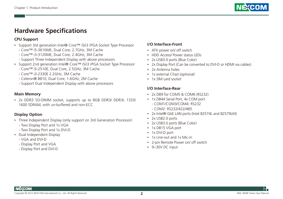 Hardware specifications | NEXCOM NISE 3600E User Manual | Page 16 / 102