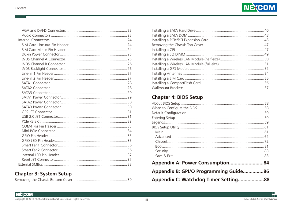 Chapter 3: system setup, Chapter 4: bios setup | NEXCOM NISE 3600E User Manual | Page 3 / 102