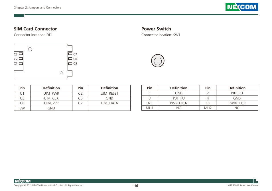 Sim card connector power switch, Sim card connector, Power switch | NEXCOM NISE 3600E User Manual | Page 30 / 102