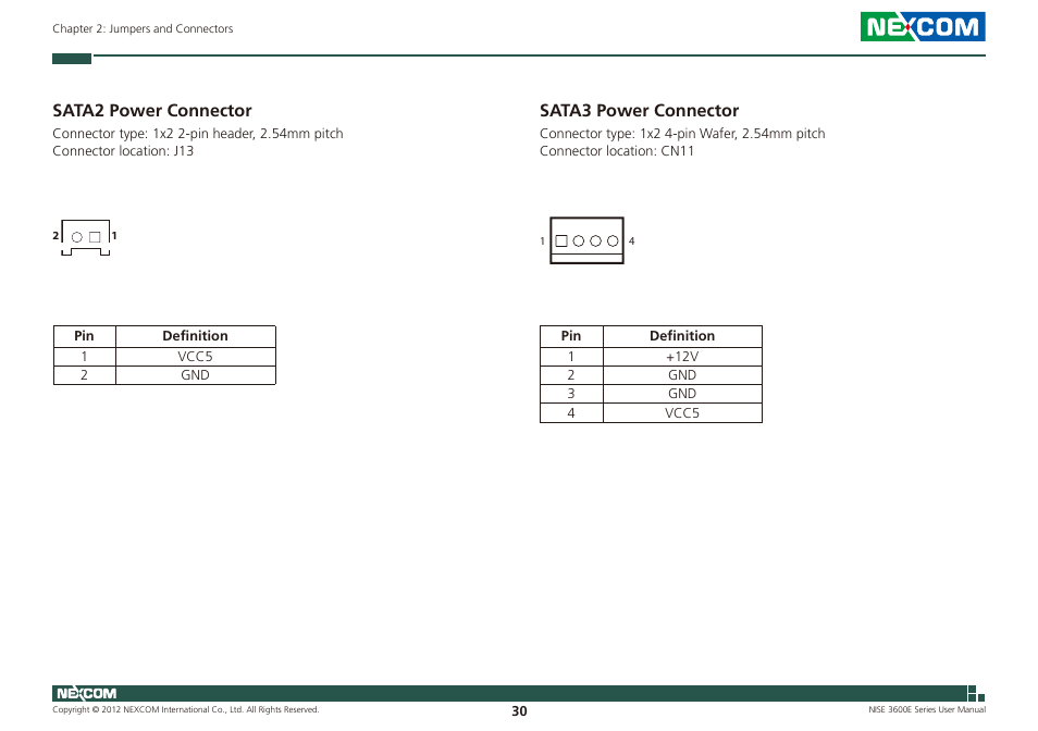 Sata2 power connector sata3 power connector, Sata2 power connector, Sata3 power connector | NEXCOM NISE 3600E User Manual | Page 44 / 102