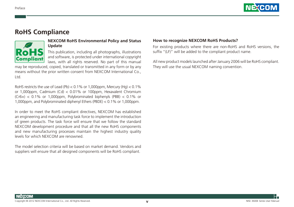 Rohs compliance | NEXCOM NISE 3600E User Manual | Page 5 / 102