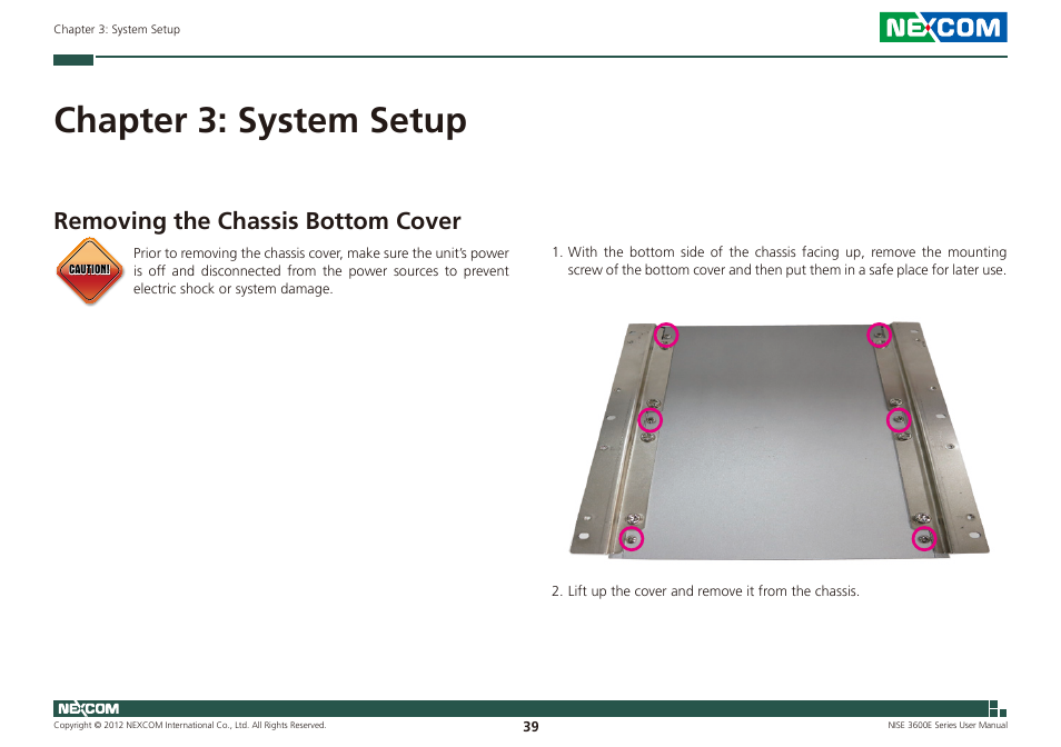 Chapter 3: system setup, Removing the chassis bottom cover | NEXCOM NISE 3600E User Manual | Page 53 / 102