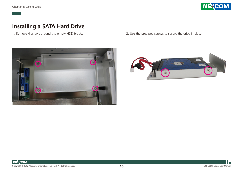 Installing a sata hard drive | NEXCOM NISE 3600E User Manual | Page 54 / 102