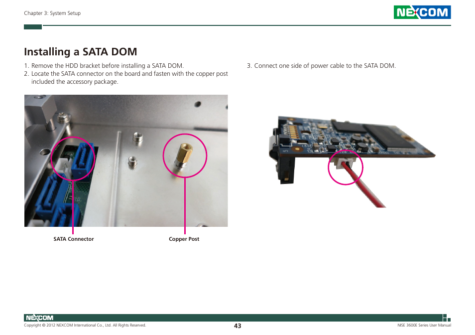 Installing a sata dom | NEXCOM NISE 3600E User Manual | Page 57 / 102