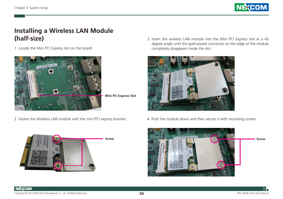 Installing a wireless lan module (half-size) | NEXCOM NISE 3600E User Manual | Page 64 / 102