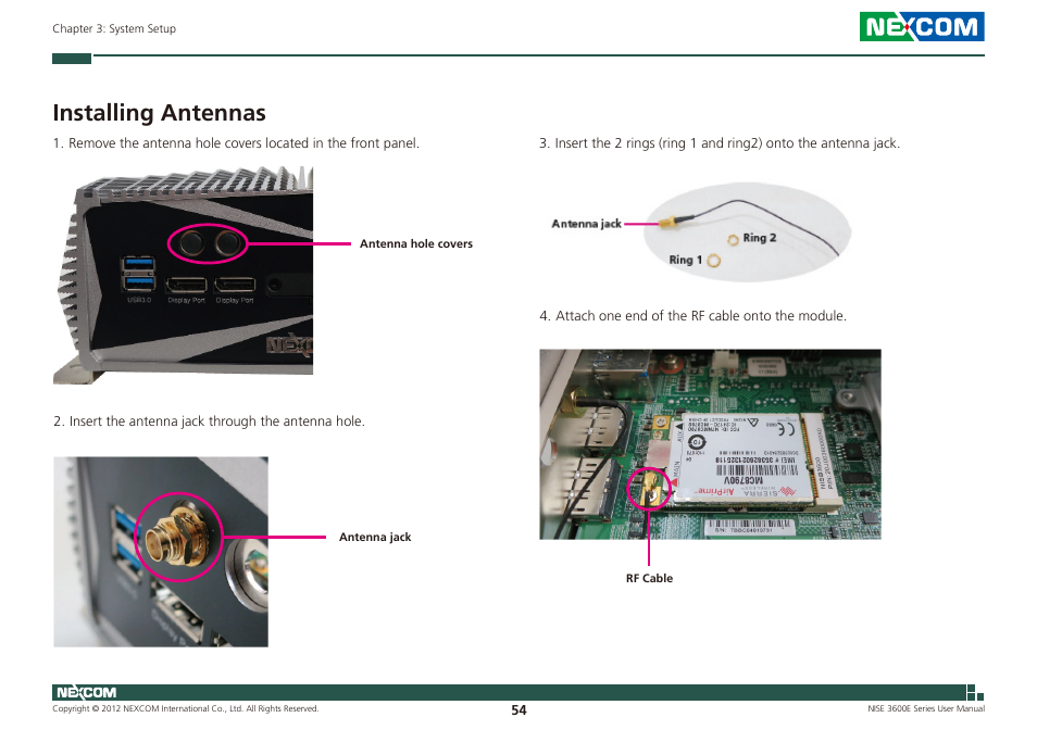 Installing antennas | NEXCOM NISE 3600E User Manual | Page 68 / 102
