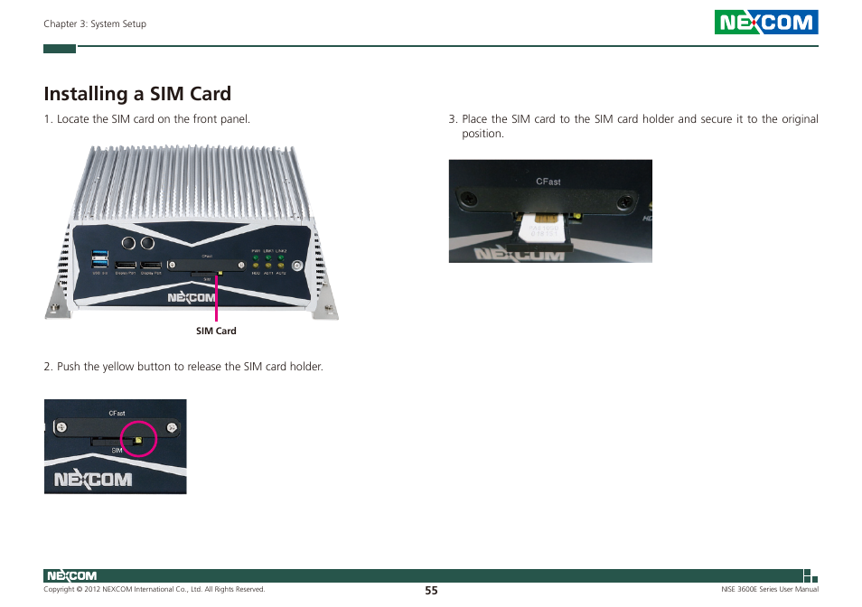 Installing a sim card | NEXCOM NISE 3600E User Manual | Page 69 / 102