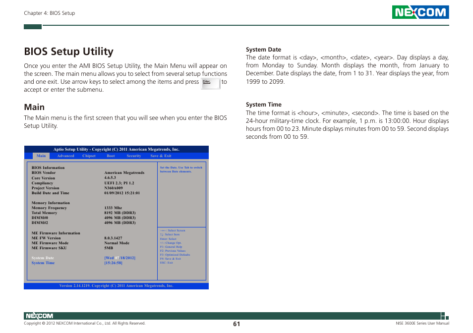 Bios setup utility, Main | NEXCOM NISE 3600E User Manual | Page 75 / 102
