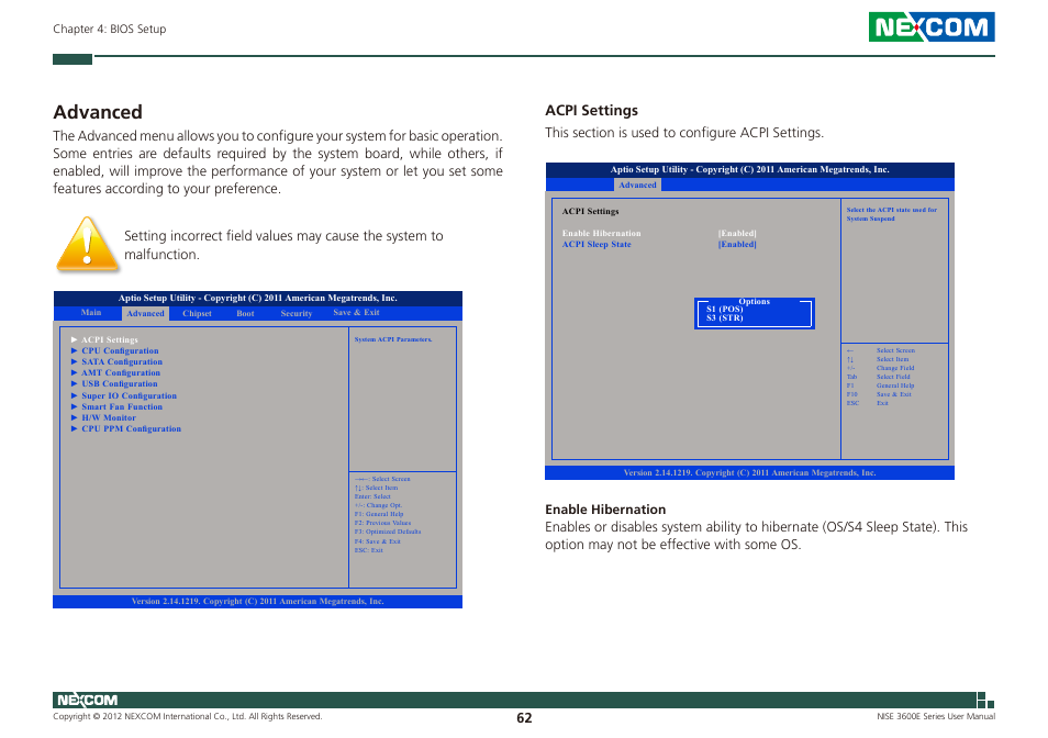 Advanced, Acpi settings | NEXCOM NISE 3600E User Manual | Page 76 / 102