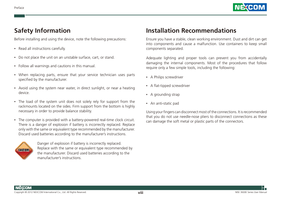 Installation recommendations, Safety information | NEXCOM NISE 3600E User Manual | Page 8 / 102