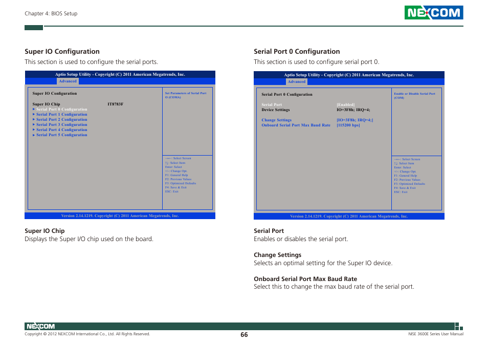 Super io configuration, Serial port 0 configuration | NEXCOM NISE 3600E User Manual | Page 80 / 102